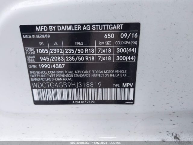 WDCTG4GB9HJ318819 Mercedes-Benz Gla 250 4matic