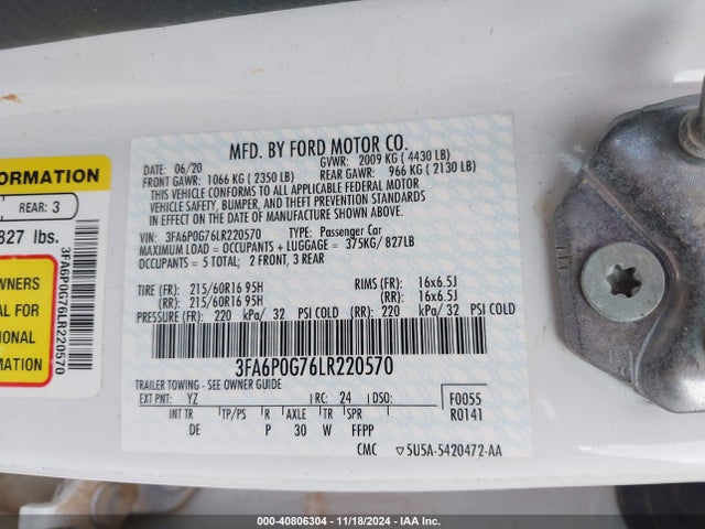 Ford FUSION S 2020 3FA6P0G76LR220570 Image 9