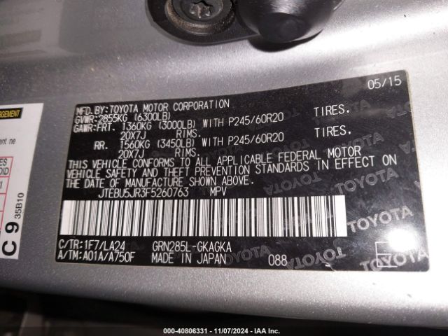 JTEBU5JR3F5260763 Toyota 4runner Limited
