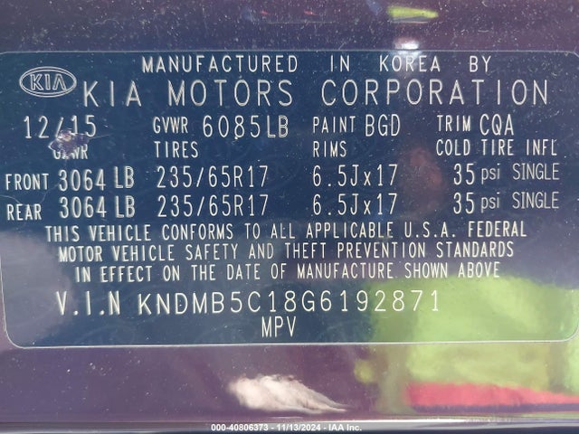 KIA SEDONA LX 2016 KNDMB5C18G6192871 Image 9