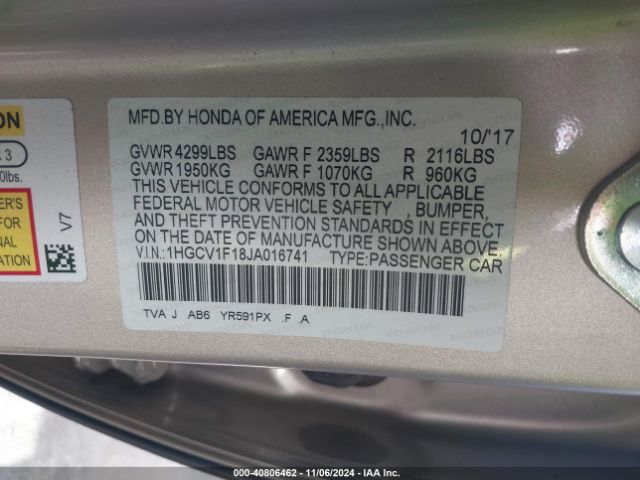1HGCV1F18JA016741 Honda ACCORD LX