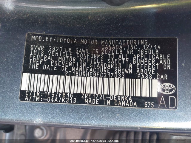 Toyota COROLLA LE 2015 2T1BURHE9FC317033 Image 9