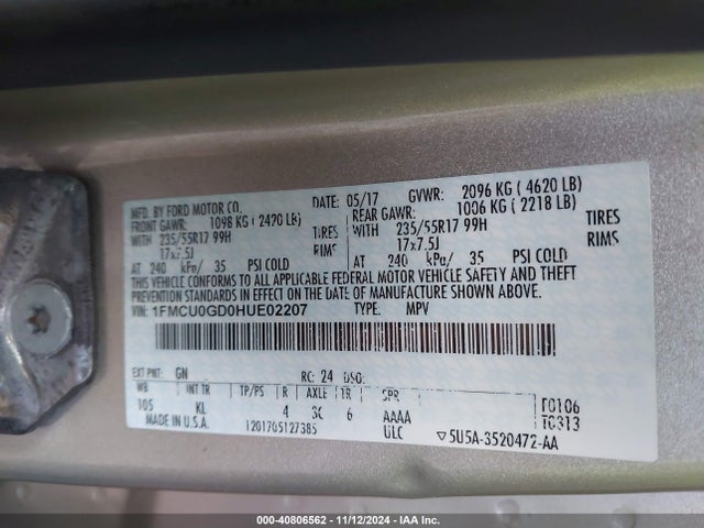 1FMCU0GD0HUE02207 Ford ESCAPE SE