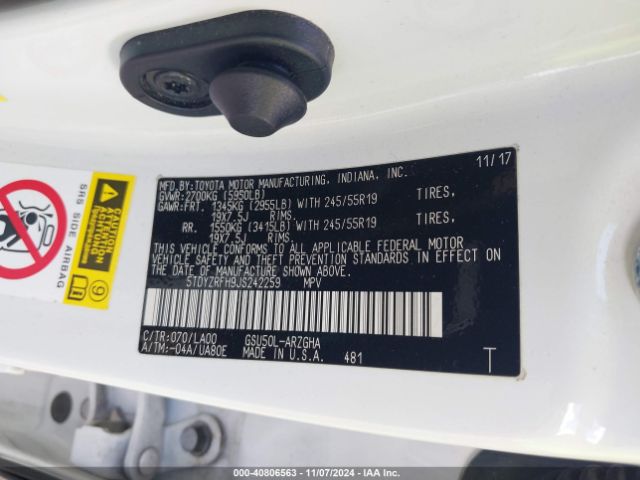 5TDYZRFH9JS242259 Toyota Highlander Limited