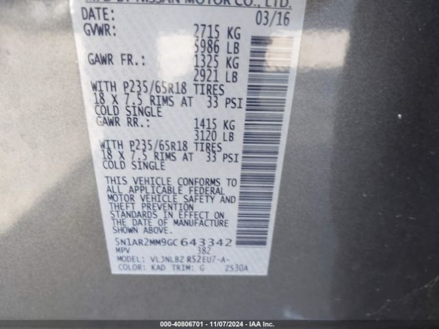 5N1AR2MM9GC643342 Nissan Pathfinder S