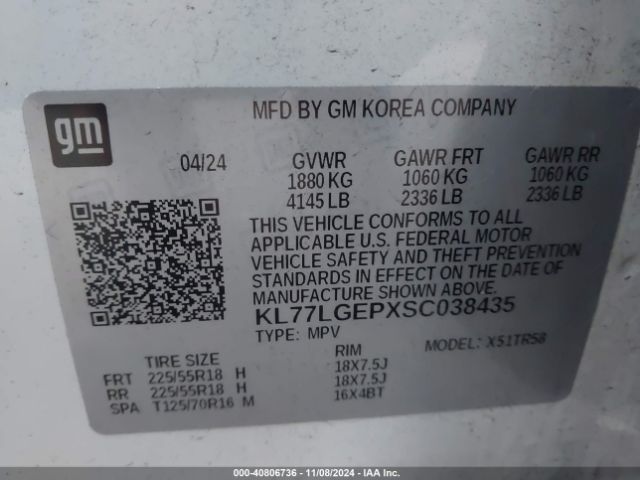 KL77LGEPXSC038435 Chevrolet Trax Fwd 1rs
