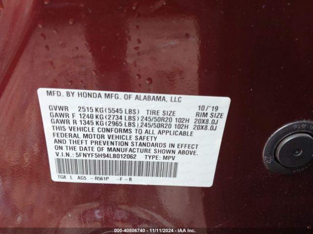 5FNYF5H94LB012062 Honda Pilot 2wd Touring 8 Passenger