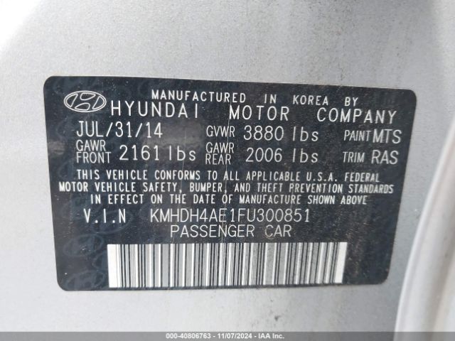 KMHDH4AE1FU300851 Hyundai ELANTRA SE