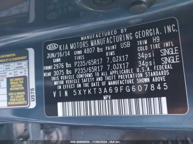 5XYKT3A69FG607845 KIA SORENTO LX