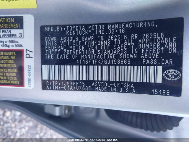 Toyota CAMRY SE 2016 4T1BF1FK7GU198869 Image 9