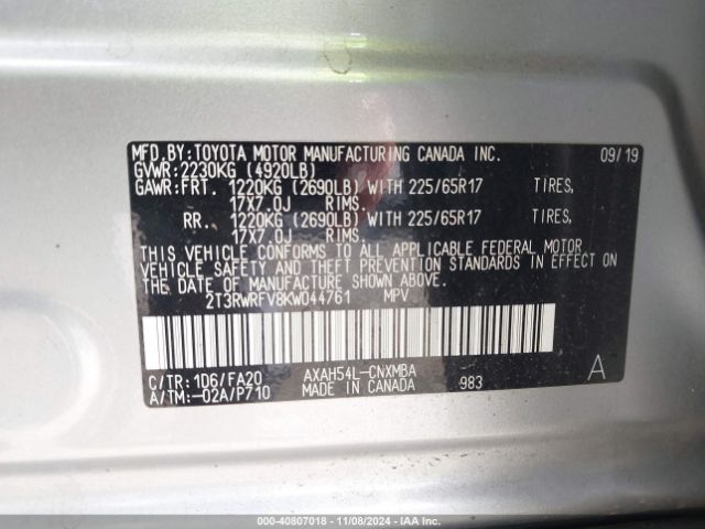 2T3RWRFV8KW044761 Toyota Rav4 Hybrid Xle