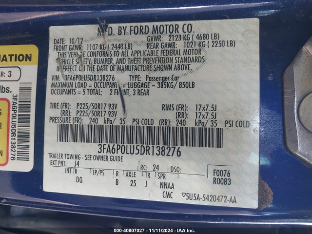 Aukcja sprzedaży 2013 Ford Fusion Hybrid Se, vin: 3FA6P0LU5DR138276, numer aukcji: 40807027