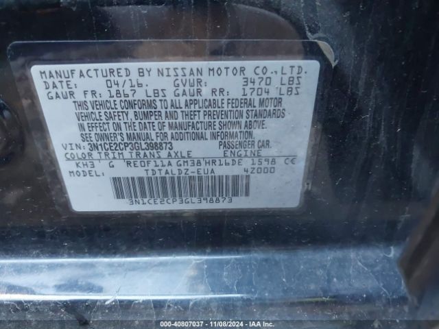 3N1CE2CP3GL398873 Nissan Versa Note Sv