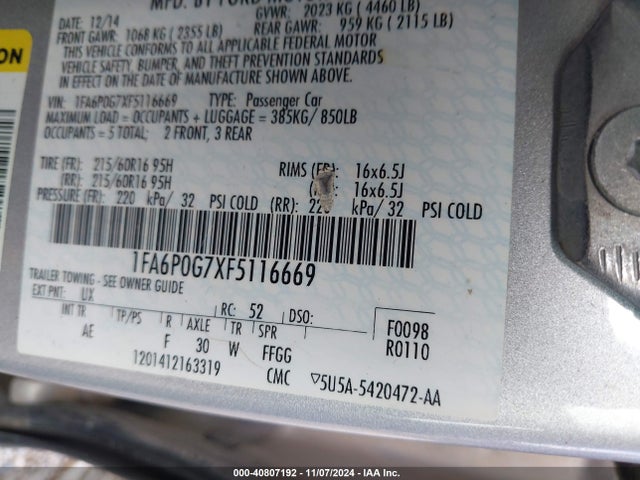 Ford FUSION S 2015 1FA6P0G7XF5116669 Image 9