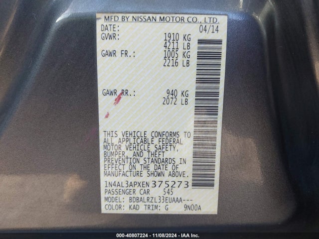 1N4AL3APXEN375273 Nissan Altima 2.5/2.5 S/2.5 Sl/2.5 Sv