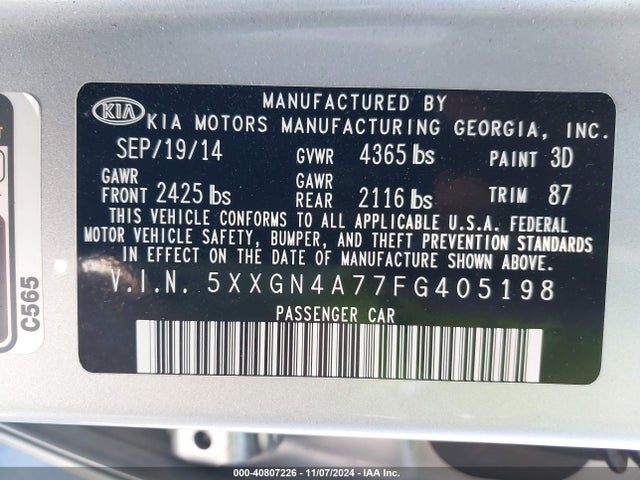 KIA OPTIMA EX 2015 5XXGN4A77FG405198 Image 9
