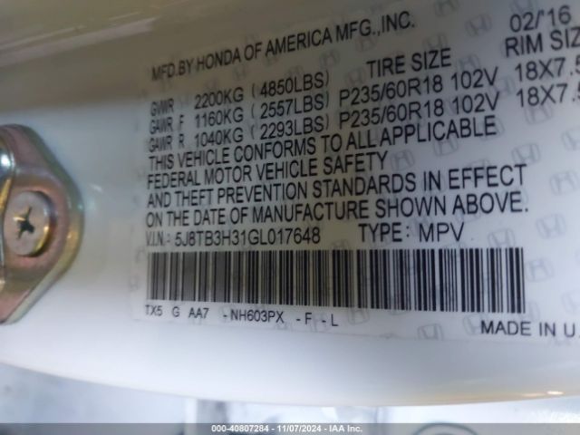 5J8TB3H31GL017648 Acura Rdx Acurawatch Plus Pkg