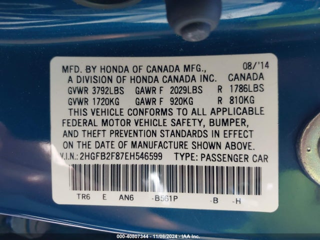 Honda CIVIC EX 2014 2HGFB2F87EH546599 Image 9