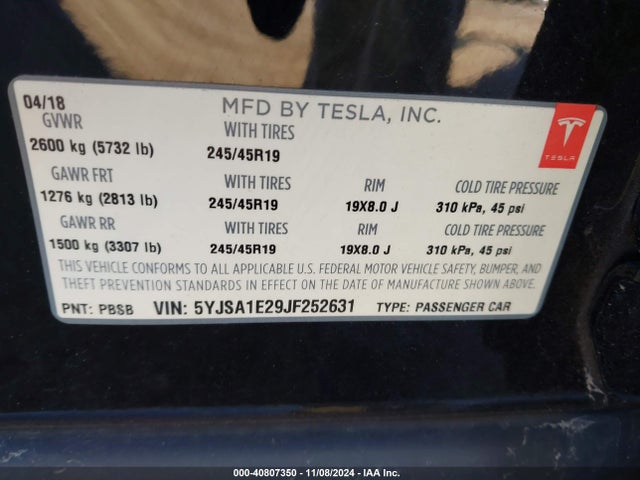 2018 TESLA MODEL S 5YJSA1E29JF252631 Photo 8