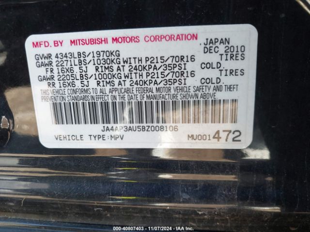 2011 MITSUBISHI OUTLANDER SPORT JA4AP3AU5BZ008106 Photo 8