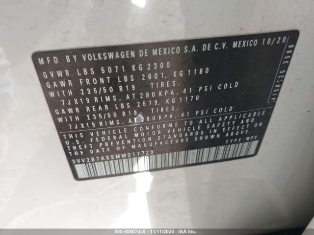 3VV2B7AX9MM017729 Volkswagen Tiguan 2.0t Se/2.0t Se R-line Black/2.0t Sel