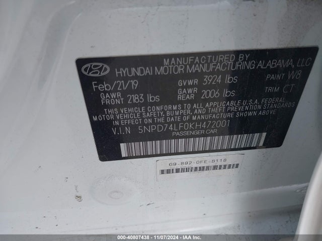 5NPD74LF0KH472001 Hyundai ELANTRA SE