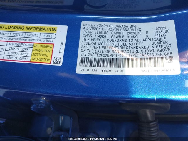 Honda k20c2 2022 2HGFE2F23NH518415 Image 22