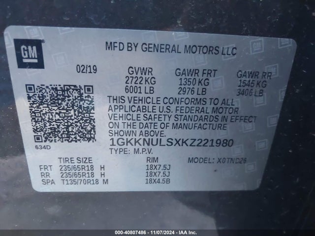 1GKKNULSXKZ221980 GMC Acadia Slt-1