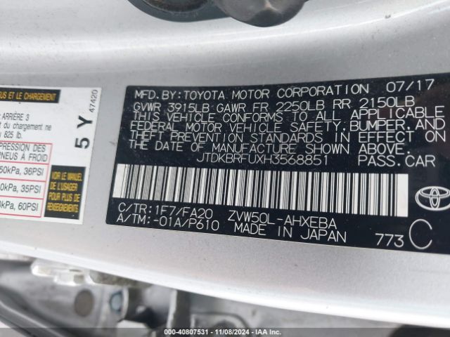 JTDKBRFUXH3568851 Toyota Prius Two