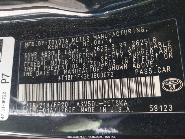 4T1BF1FK3EU860072 Toyota CAMRY SE