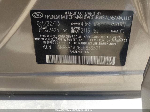 5NPEB4AC6EH836521 Hyundai SONATA GLS