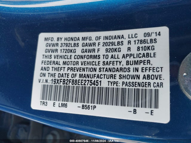 Honda CIVIC EX 2014 19XFB2F88EE275451 Image 9