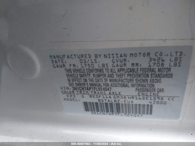 Nissan Versa 1.6 Sv 2015 3N1CN7AP7FL924047 Image 9