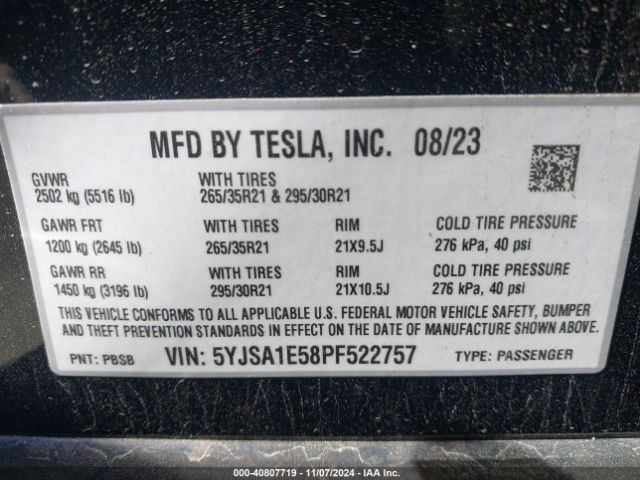 5YJSA1E58PF522757 Tesla Model S Dual Motor All-wheel Drive/standard Range