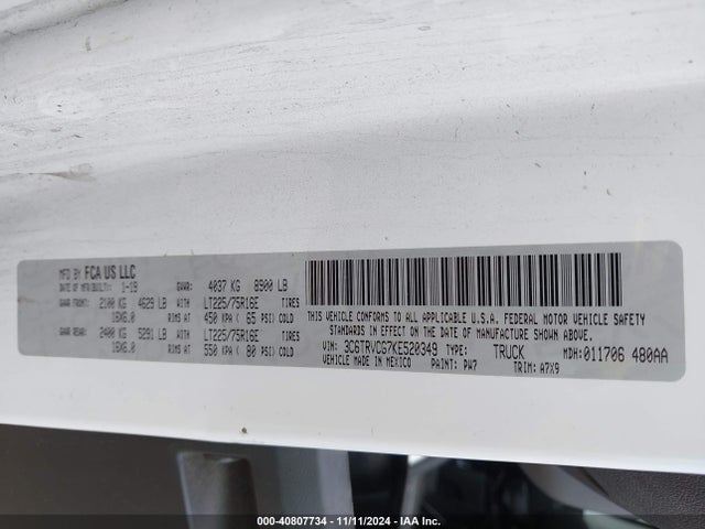 3C6TRVCG7KE520349 RAM Promaster 2500 High Roof 136 Wb