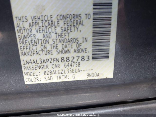 1N4AL3AP2FN882783 Nissan Altima 2.5/2.5 S/2.5 Sl/2.5 Sv