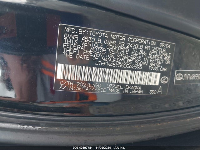 Aukcja sprzedaży 2005 Lexus Sc 430, vin: JTHFN48Y550062593, numer aukcji: 40807781