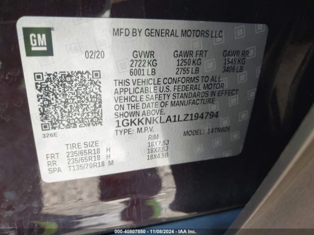 1GKKNKLA1LZ194794 GMC Acadia Fwd Sle