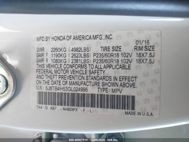 5J8TB4H53GL024995 Acura Rdx Technology   Acurawatch Plus Packages/technology Package