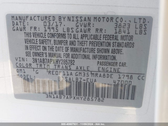 Nissan SENTRA S 2017 3N1AB7APXHY285782 Image 9