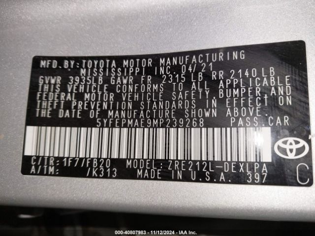5YFEPMAE9MP239268 Toyota COROLLA LE