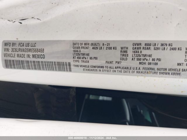 3C6LRVAG5ME568468 RAM Promaster 1500 Low Roof 136 Wb