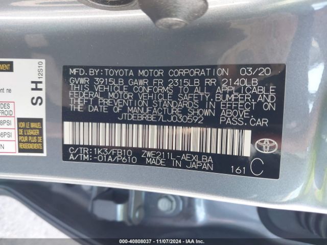 JTDEBRBE7LJ030592 Toyota Corolla Hybrid Le