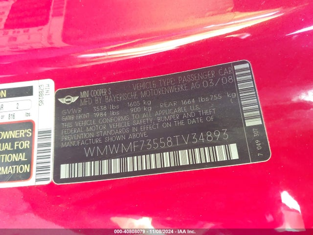 2008 MINI COOPER S WMWMF73558TV34893 Photo 8