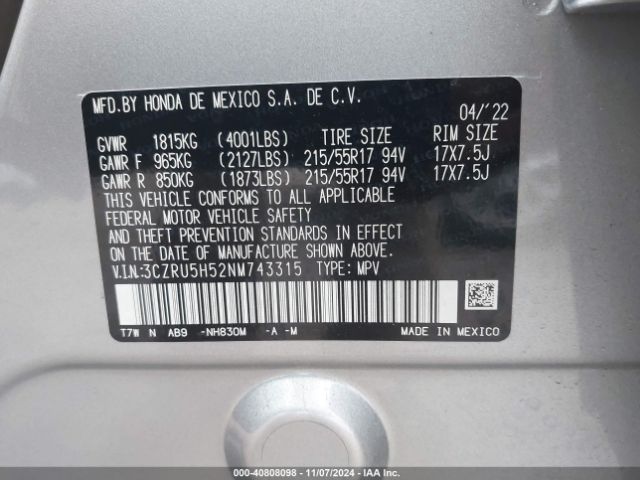 3CZRU5H52NM743315 Honda Hr-v 2wd Ex