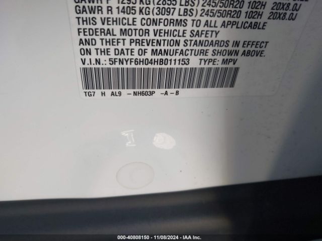 5FNYF6H04HB011153 Honda Pilot Elite