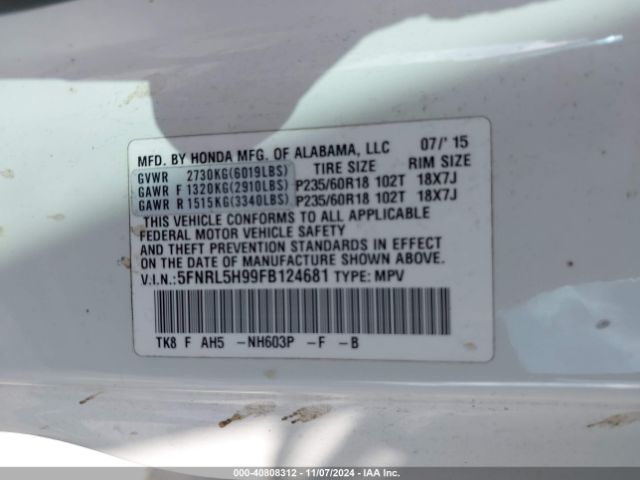 5FNRL5H99FB124681 Honda Odyssey Touring/touring Elite
