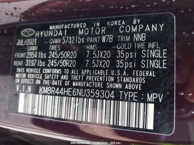 KM8R44HE6NU359304 Hyundai Palisade Sel