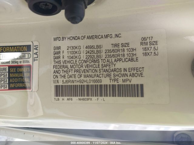 5J6RW1H92HL016669 Honda Cr-v Touring