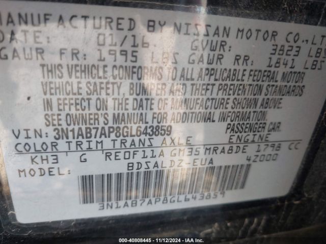 3N1AB7AP8GL643859 Nissan Sentra Fe+ S/s/sl/sr/sv